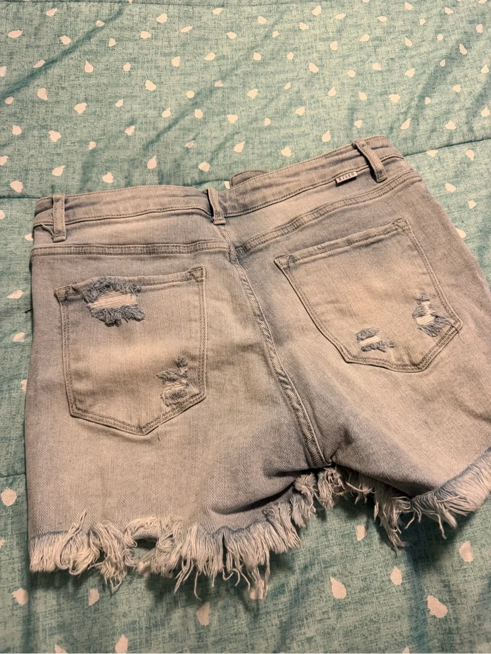 Large Distressed Light Blue Denim Jean Shorts w/ Beaded Fringe. MUST BE BUNDLED